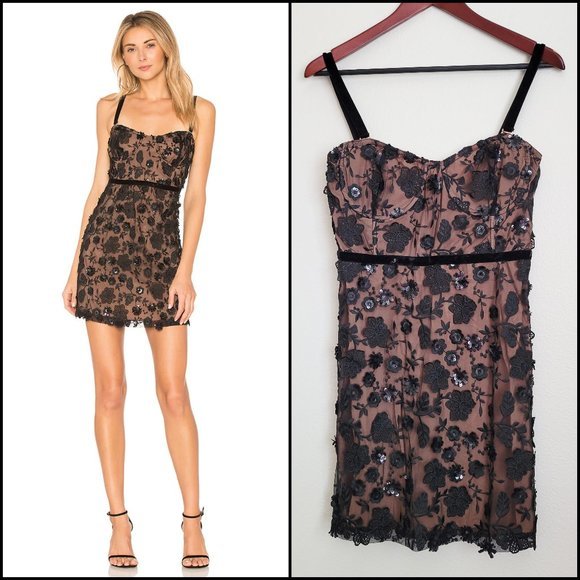 NWT For Love & Lemons Beatrice Embroidered Strappy Mini Dress Nude Black, Large - Picture 1 of 10